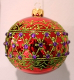 Red bauble with olive glitter & purple diamante 80mm