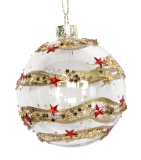 Clear glass ball w gold band/red stars