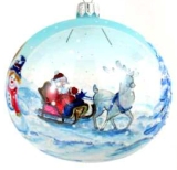 Clear glass bauble wth Santa in sleigh scene 100 mm