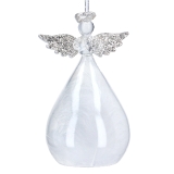 Clear/silver glass angel w white feathers 