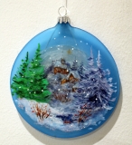 Flattened glass bauble with 3 d village scene 80mm