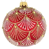 Red bauble with gold glitter scallop pattern 80mm