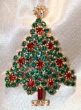Red & green rhinestone Christmas tree brooch