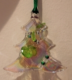 Small iridescent glass tree, dark green & silver beads 7 cm